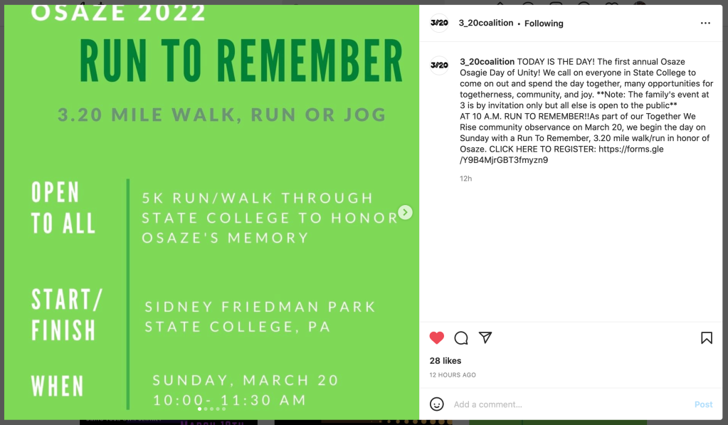 Osaze 2022: Run to Remember flyer posted to Instagram by 3_20coalition